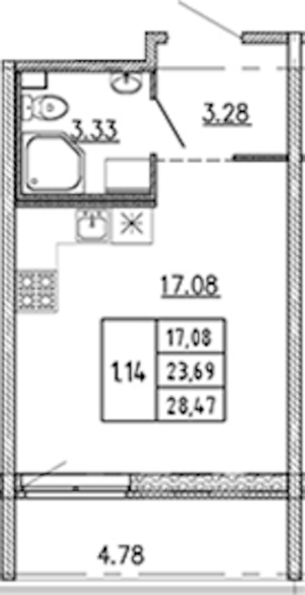 Квартира студия 23.69 м², 17/22 эт., ЖК «Новые горизонты 2»